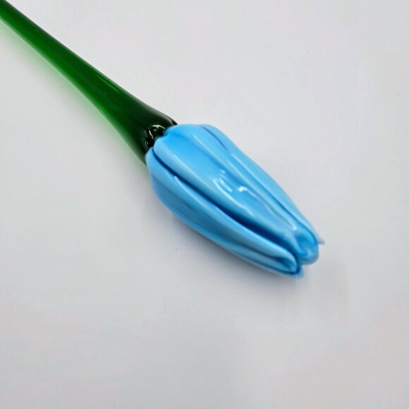 Art Glass Hand Blown Flower Blue Long Green Stem Flower With Leaf Stem Read - Picture 9 of 16